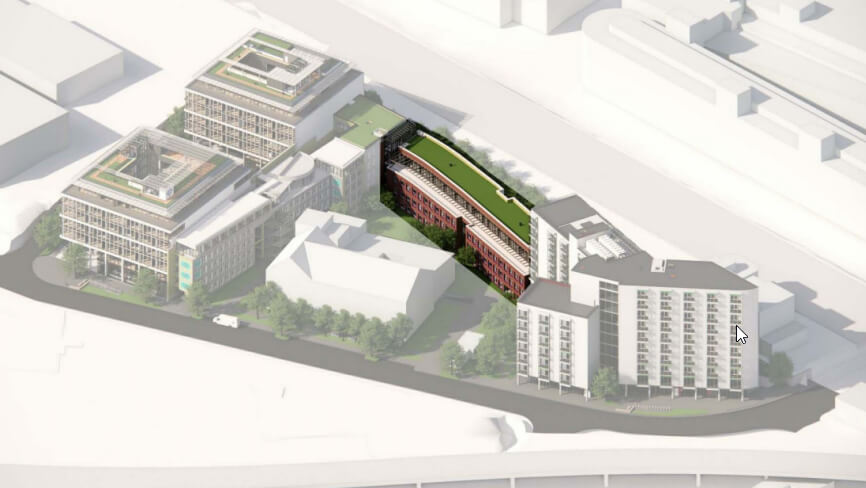 Modernes Bürogebäude in historischem Umfeld