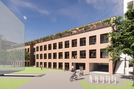 Modernes Bürogebäude in historischem Umfeld