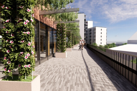 Modernes Bürogebäude in historischem Umfeld