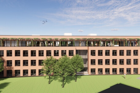 Modernes Bürogebäude in historischem Umfeld