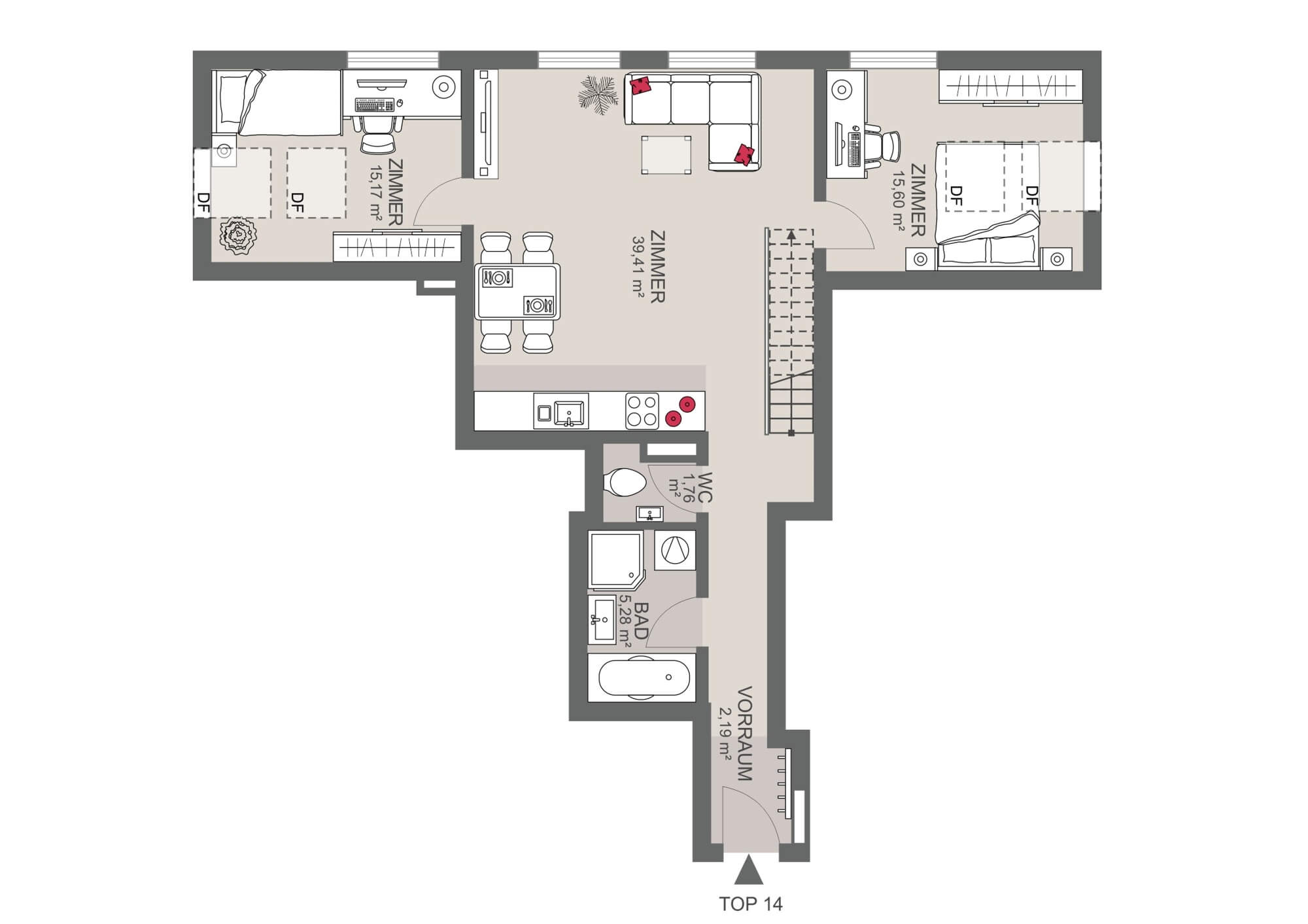 Dachgeschosswohnung mit zwei Dachterrassen und Gartenparzelle in Hietzing