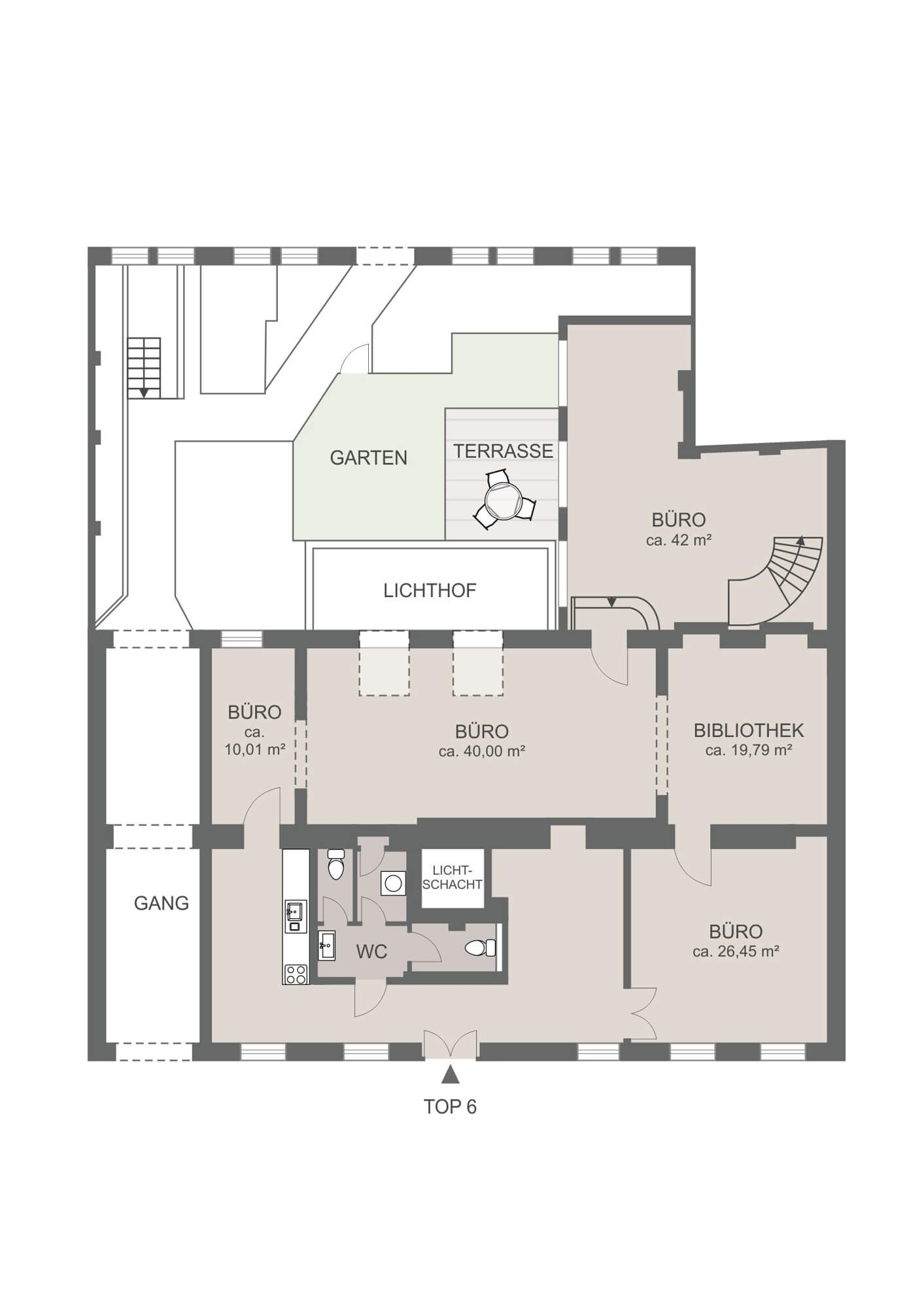 Helle Bürofläche mit Terrasse und Garten