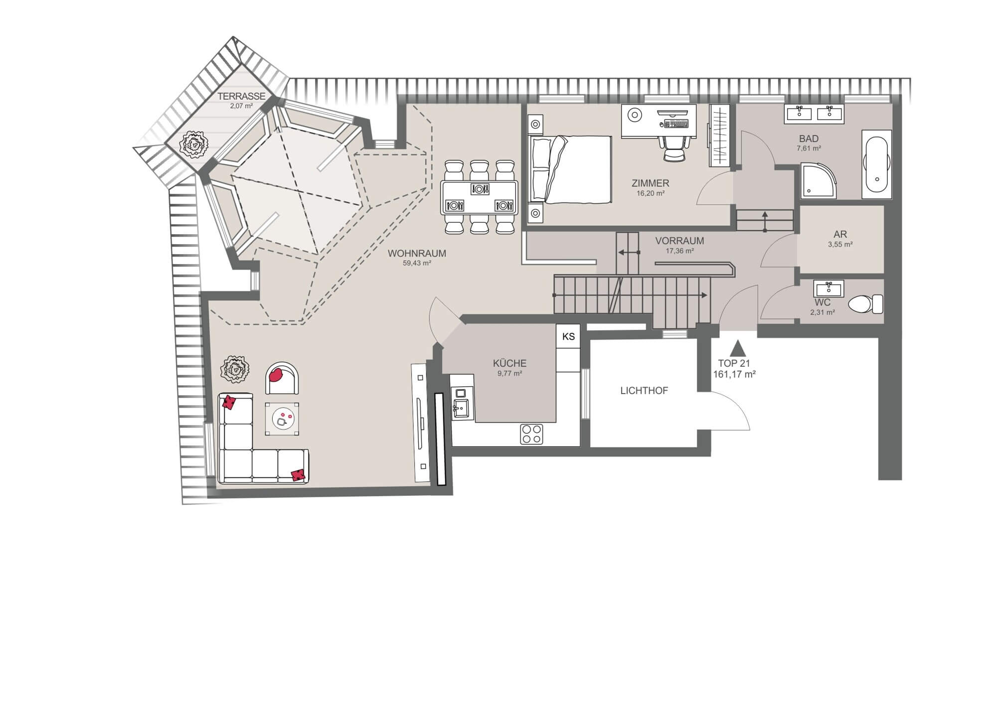 Attic duplex apartment with two terraces