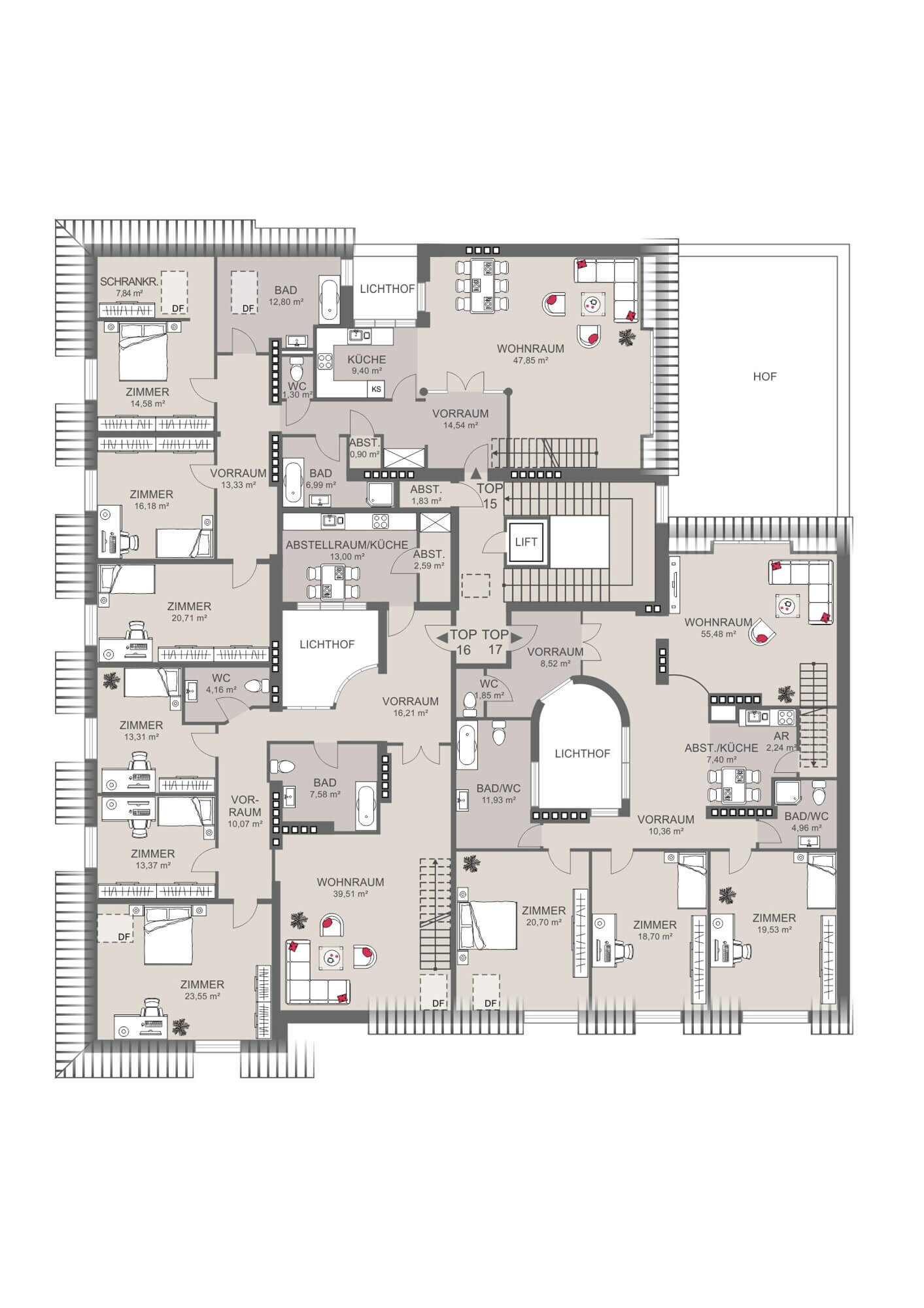 Top-floor apartment, 3 bedrooms, near Votive Church.