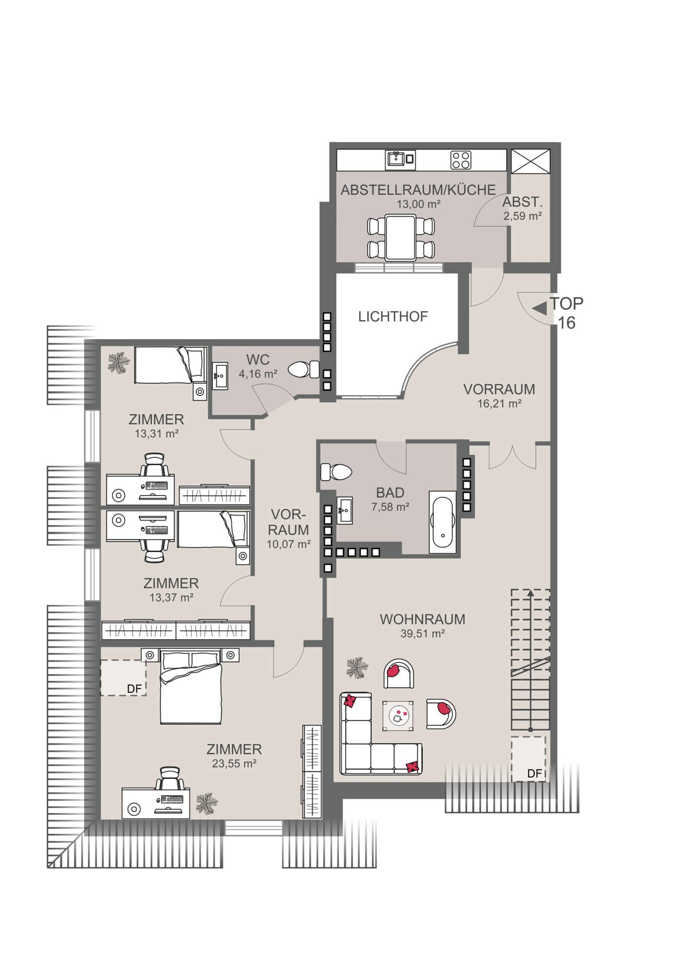 Top-floor apartment, 3 bedrooms, near Votive Church.