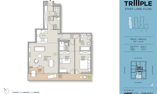 Thumbnail: 26. Stock - TrIIIple -  komplett möbliert, inklusive Garagenplatz  - zur Miete